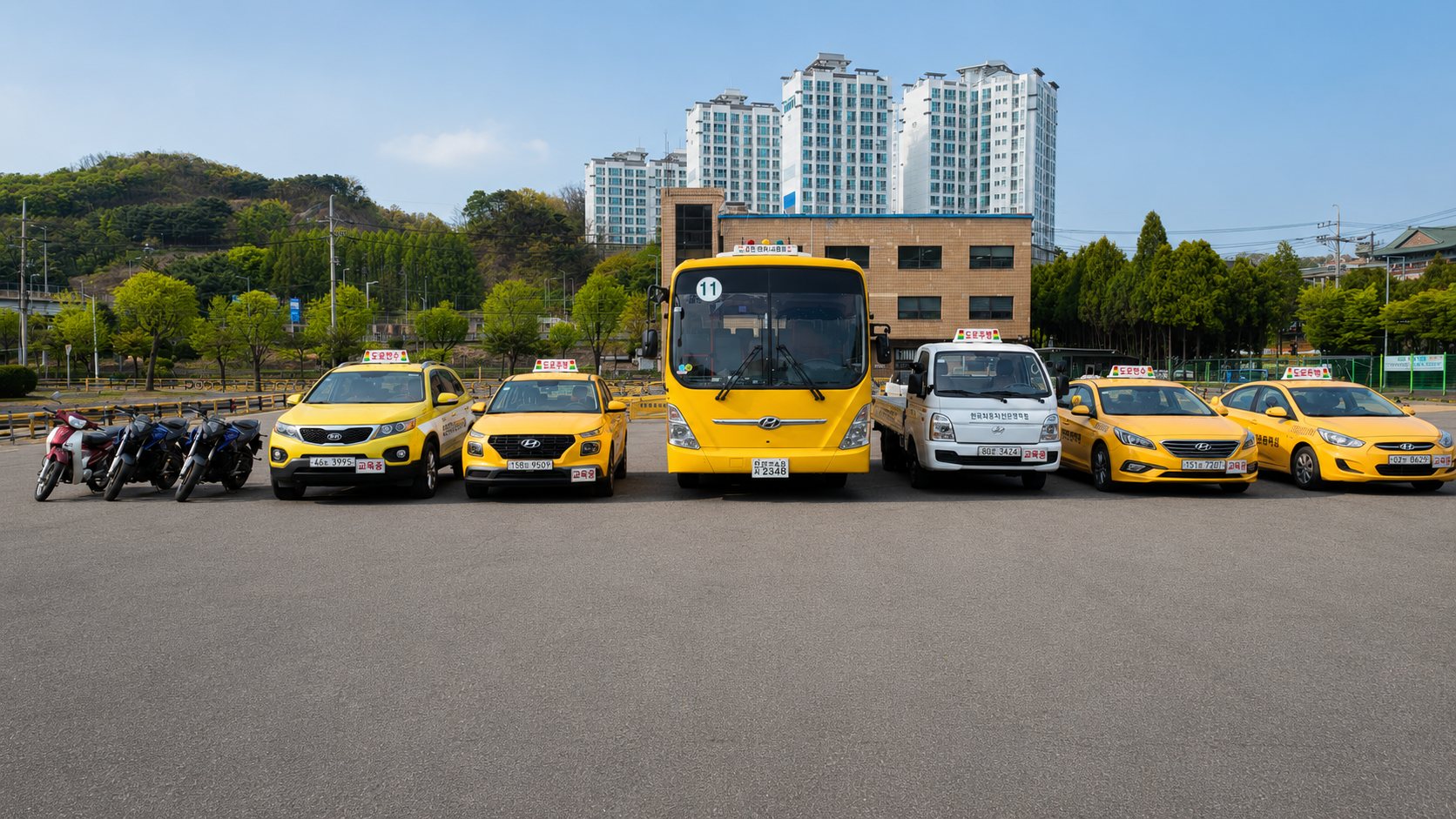 Training vehicles lined up at Anyang Driving School near Seoul, Korea